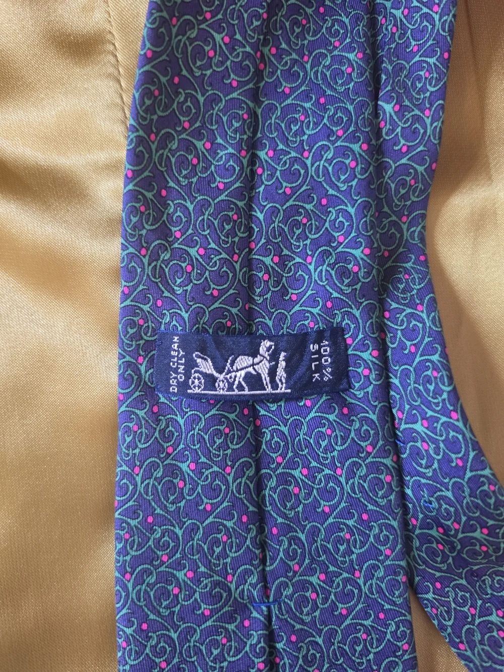 Hermes Blue and Pink Silk Tie with Teal Scroll Pattern